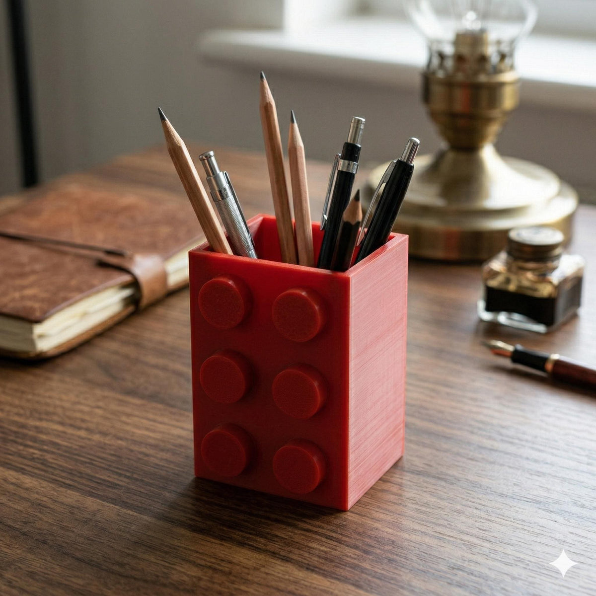 Red building brick pencil pot full of pencils and pens on a wooden desk