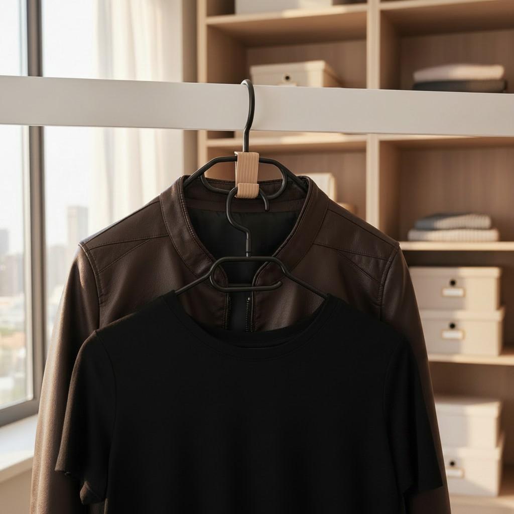Leather jacket and T-shirt hanging together with a connector hook