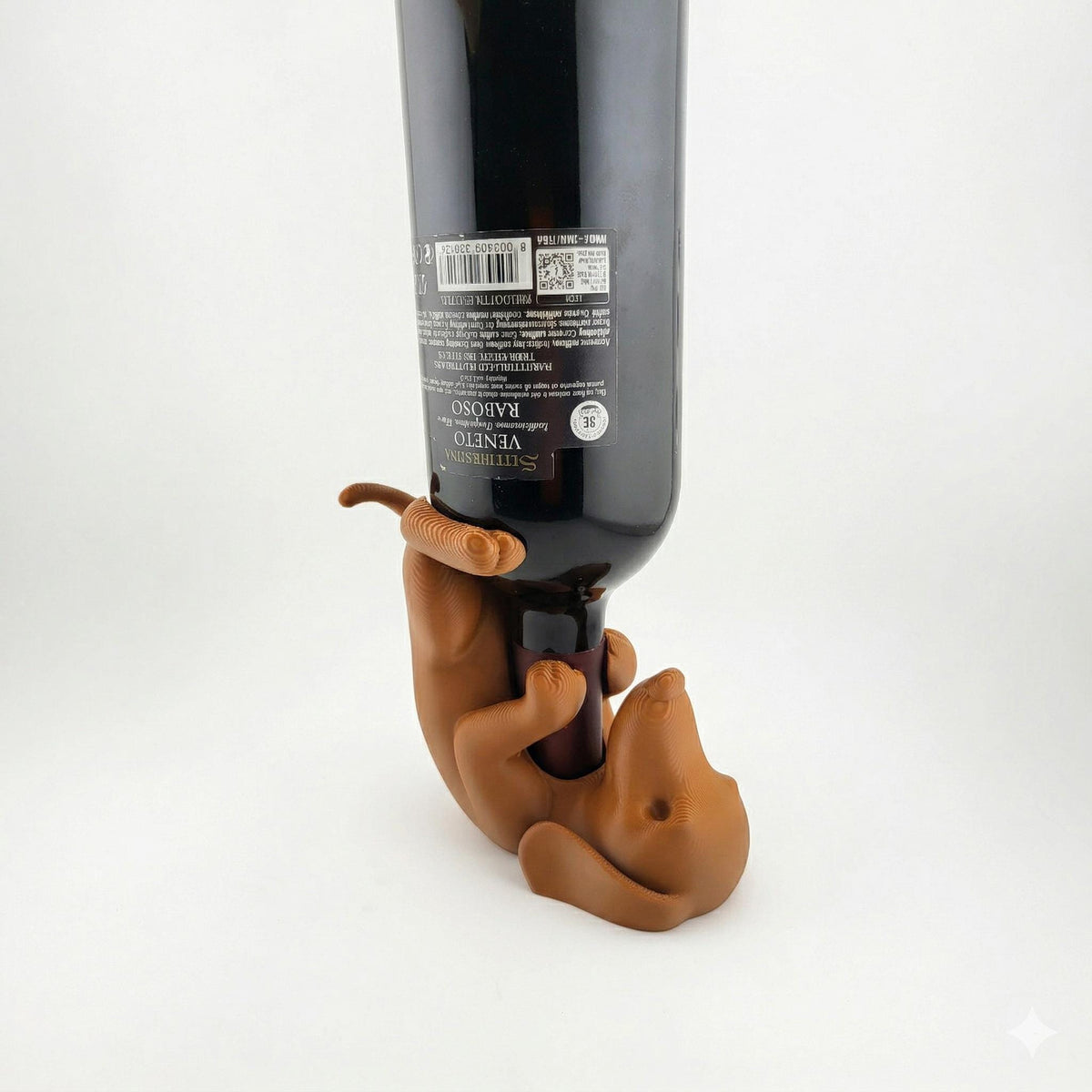 Brown dachshund wine holder from the other side, showing its tail