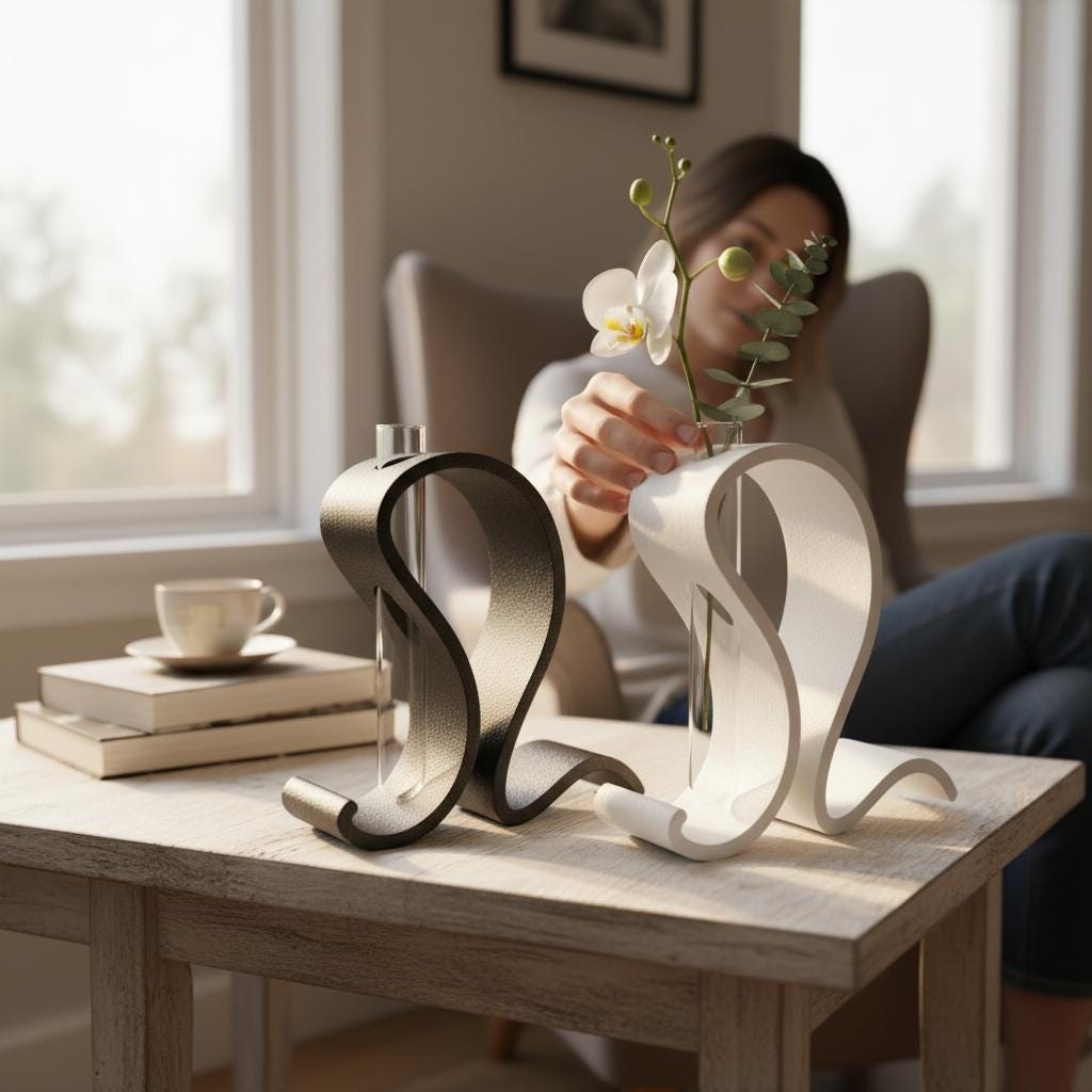 Black and white S-curve vases with an orchid stem on a side table