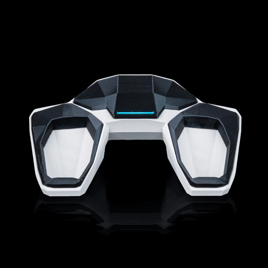 Geometric controller stand from above, black and white with a blue light strip