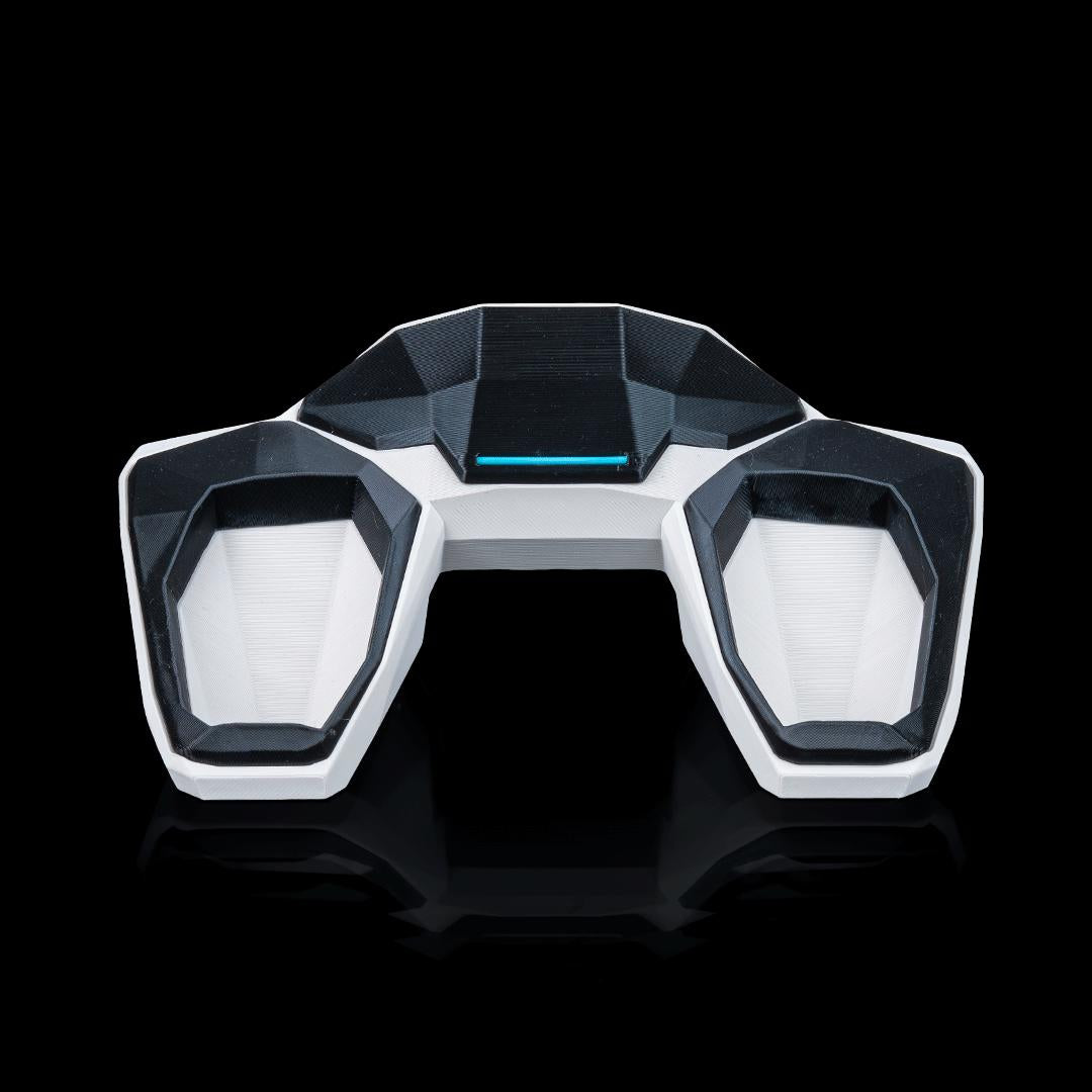 Geometric controller stand from above, black and white with a blue light strip