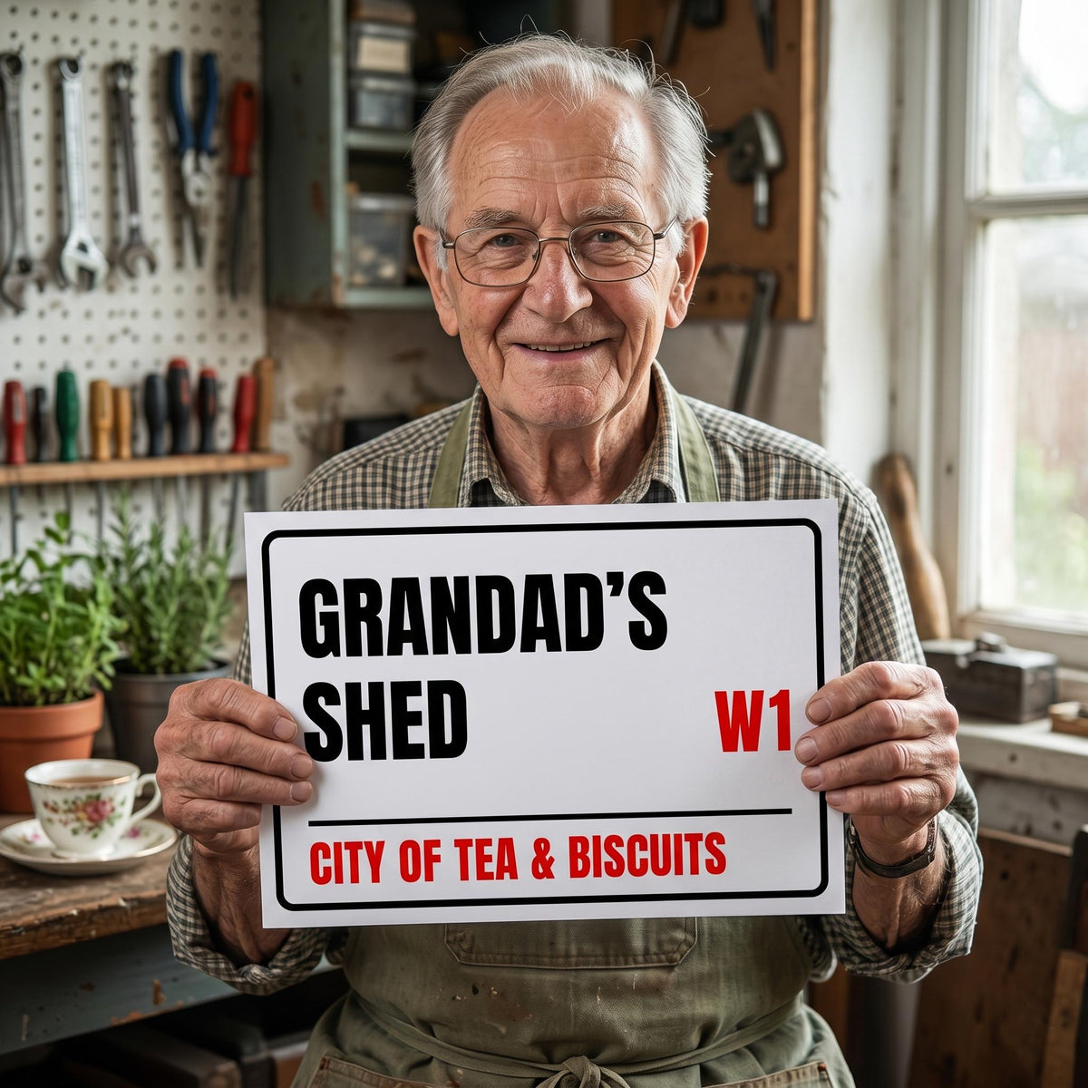 A smiling grandad holding his Grandad's Shed street sign print in his workshop