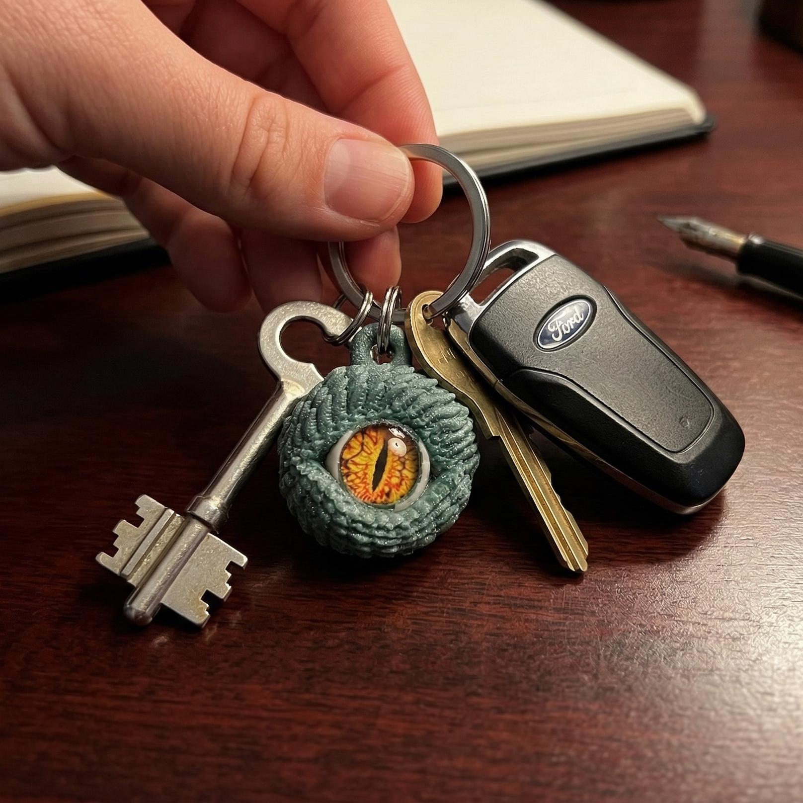 Keychain with keys and a decorative charm on a wooden surface