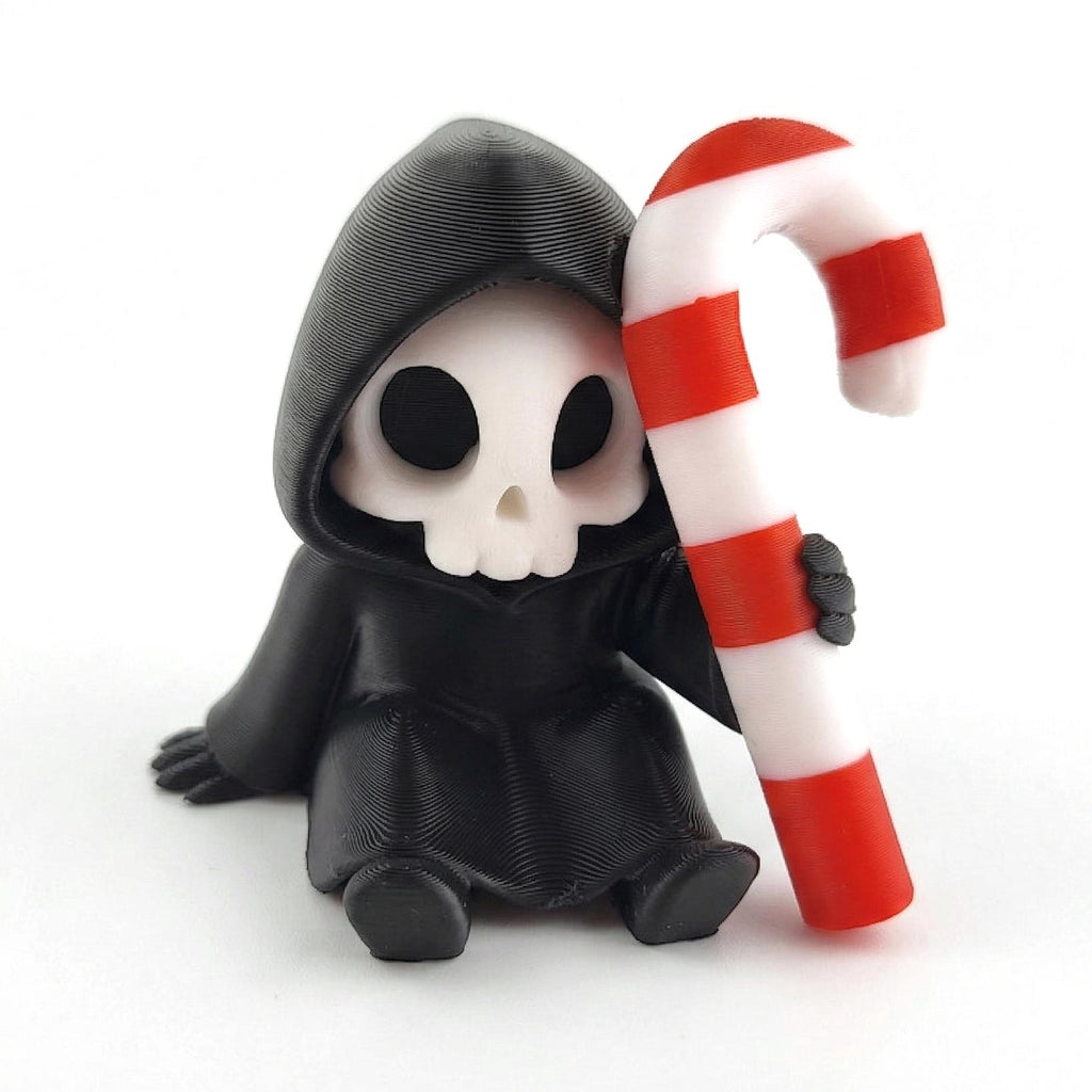 Candy Cane Cuddle: a grim reaper sitting and hugging a big red-and-white candy cane