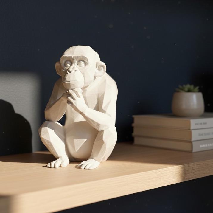 White monkey figurine on a wooden shelf with a dark background