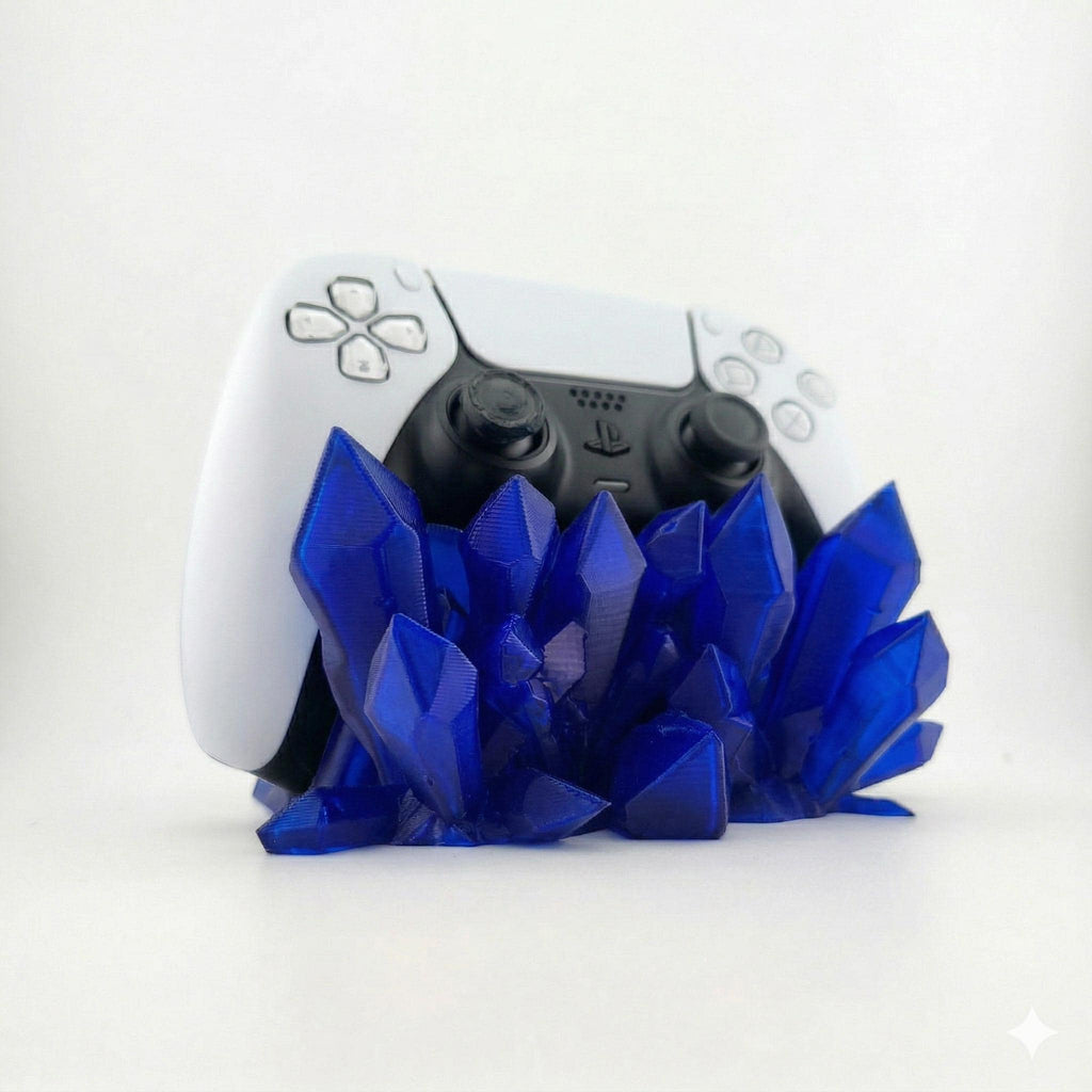 Blue see-through crystal controller stand with a PS5 controller