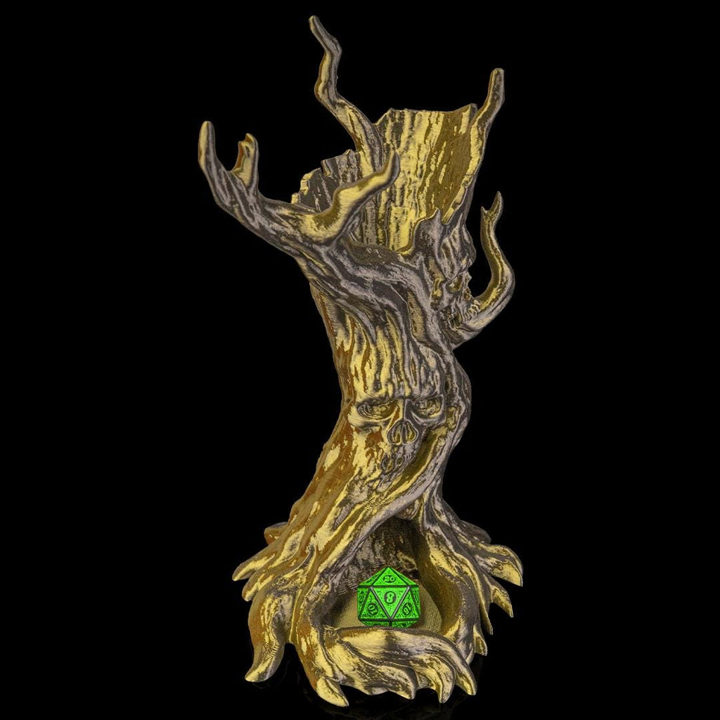 Dreadwood dice tower in gold and silver silk from the front, a green d20 at its roots