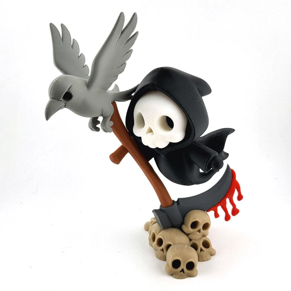 The Raven Rider grim reaper on his scythe with a grey raven, above a pile of skulls