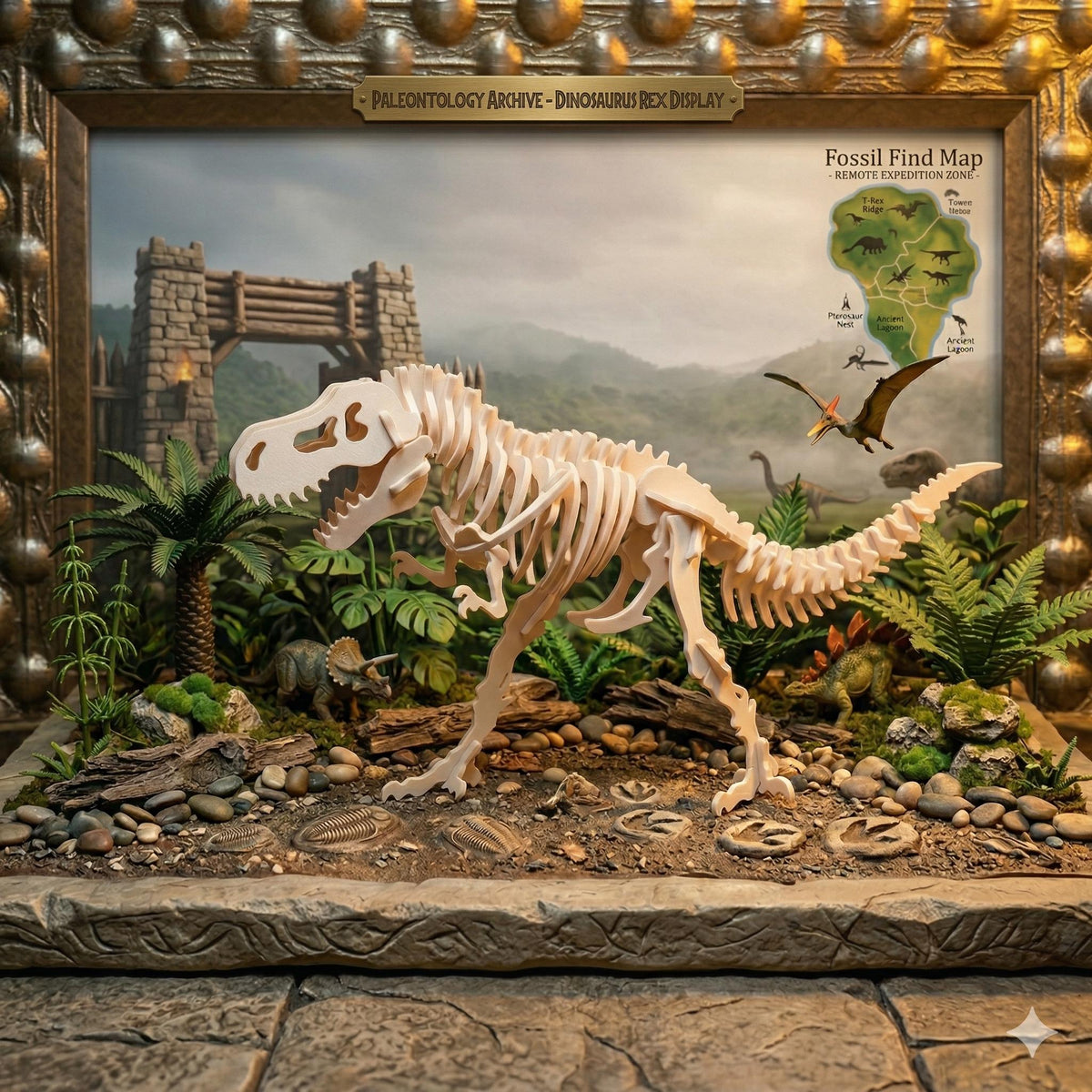 White T-Rex skeleton puzzle in a museum-style dinosaur display