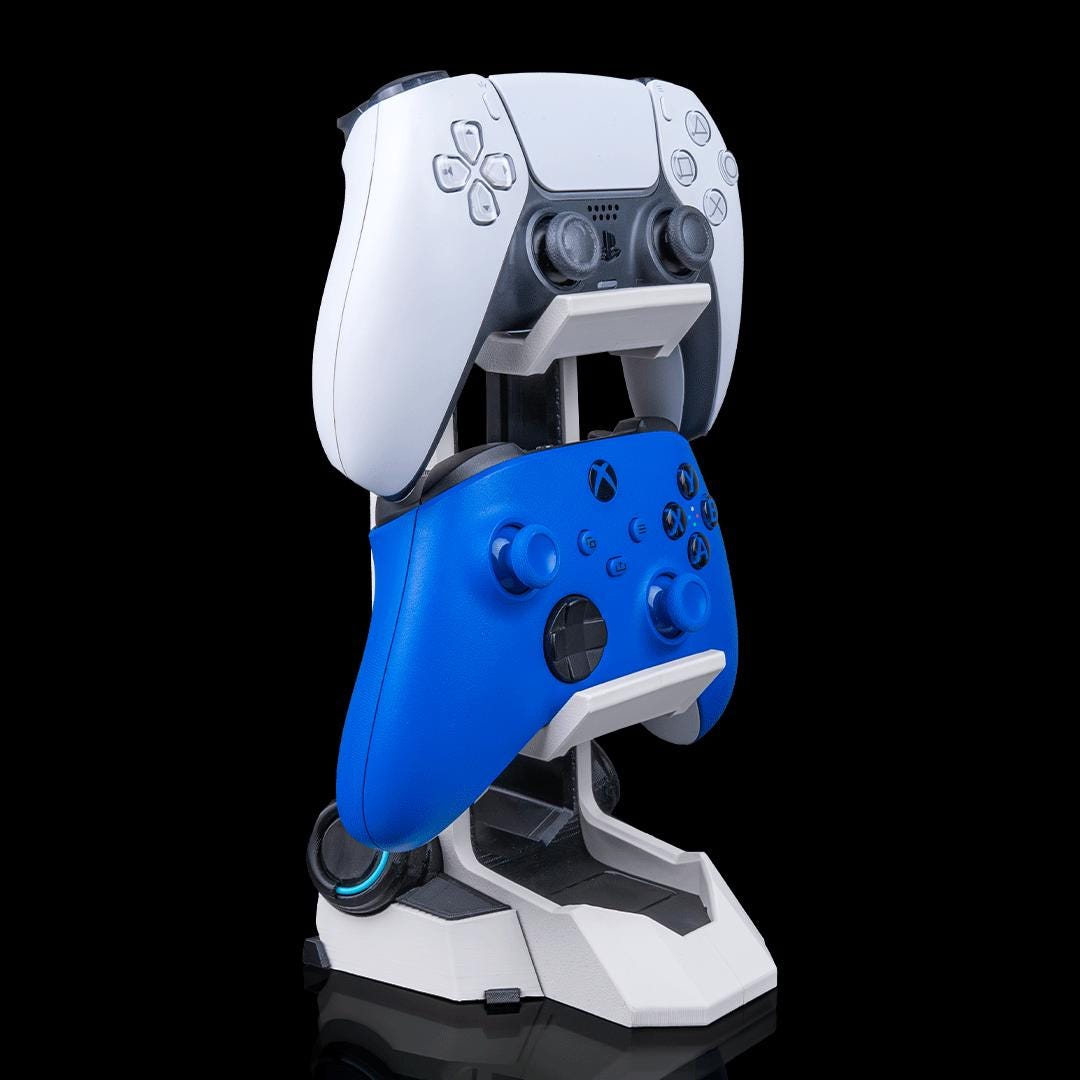 Dual controller stand from an angle with both controllers