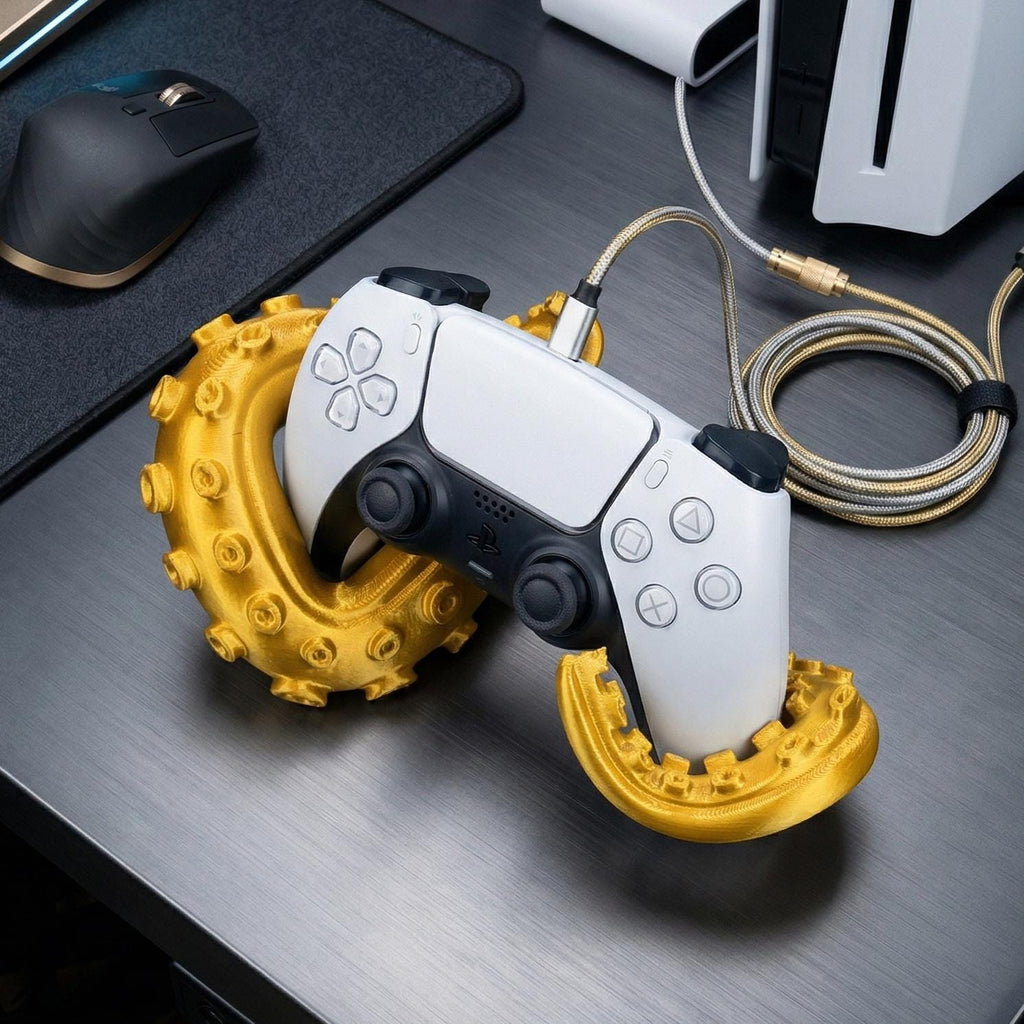 Gold kraken tentacle controller stand holding a PS5 controller on a desk