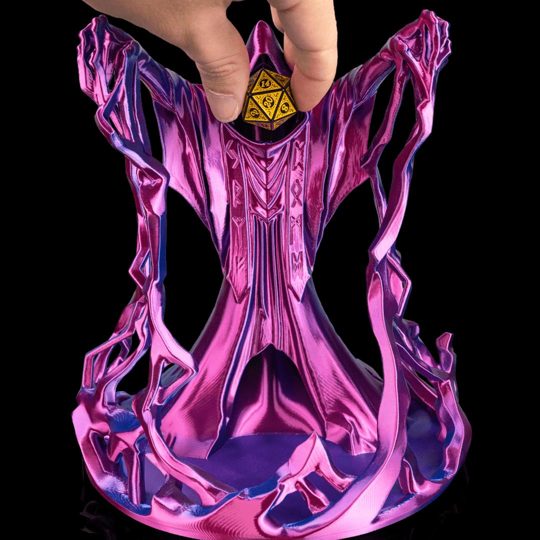 A hand dropping a gold d20 into the wizard's hood