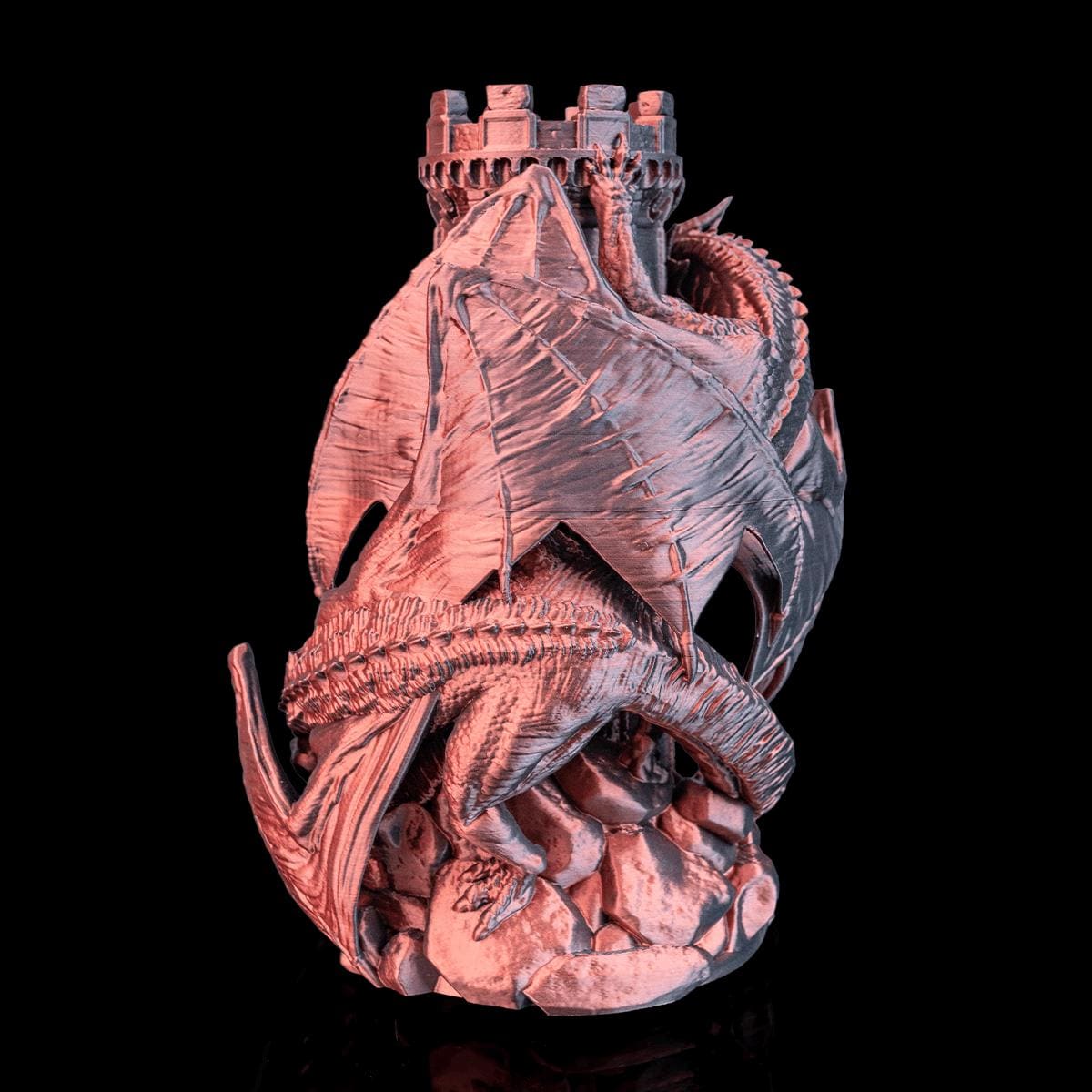 Twin Dragons dice tower from the back, wings spread over the tower