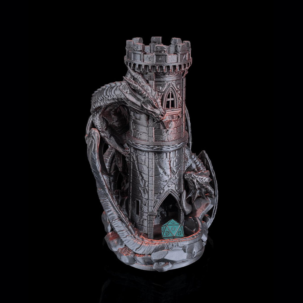 Twin Dragons dice tower from the front, with a die in the doorway