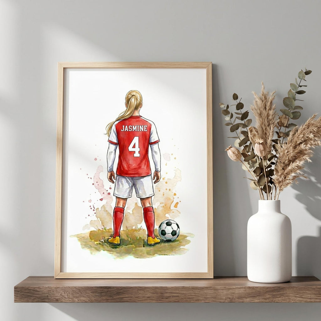 Personalised football print: a girl in a red and white kit, JASMINE 4