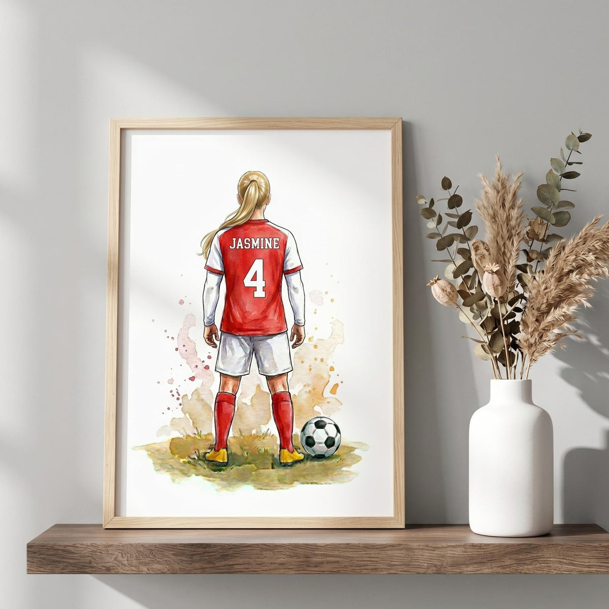 Personalised football print: a girl in a red and white kit, JASMINE 4
