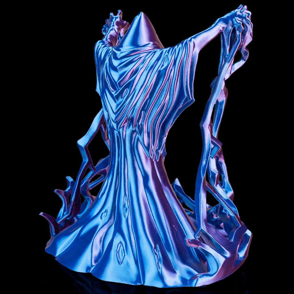 Wizard dice tower in blue silk from the back