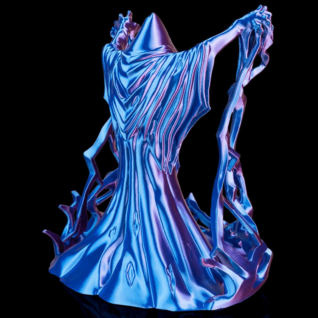 Wizard dice tower in blue silk from the back
