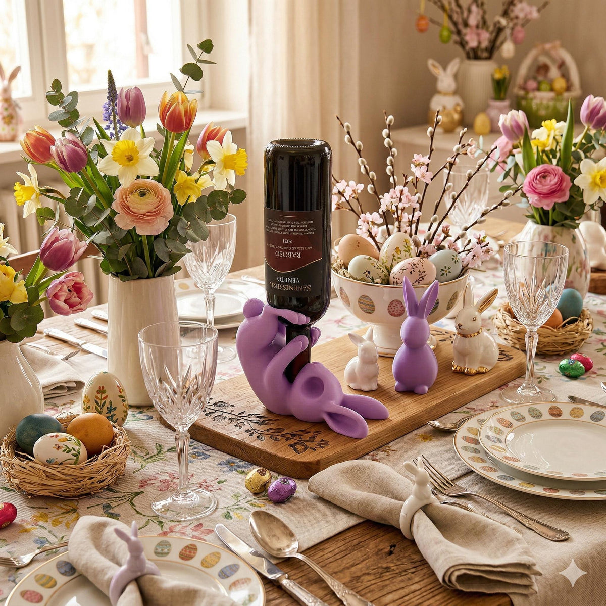 Purple bunny wine holder on an Easter dinner table with flowers and painted eggs