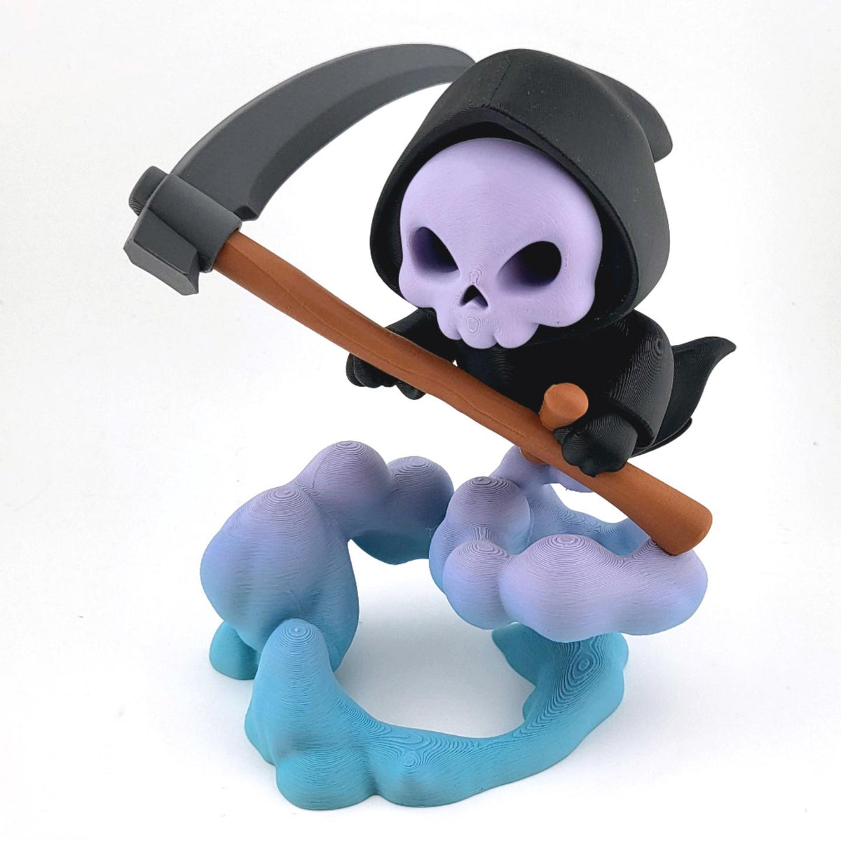 The Cloud Surfer grim reaper, with a lilac skull, riding a blue and purple swirl of smoke with his scythe