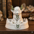 Taurus chibi bull figure on its stone-ring base, on a bookshelf
