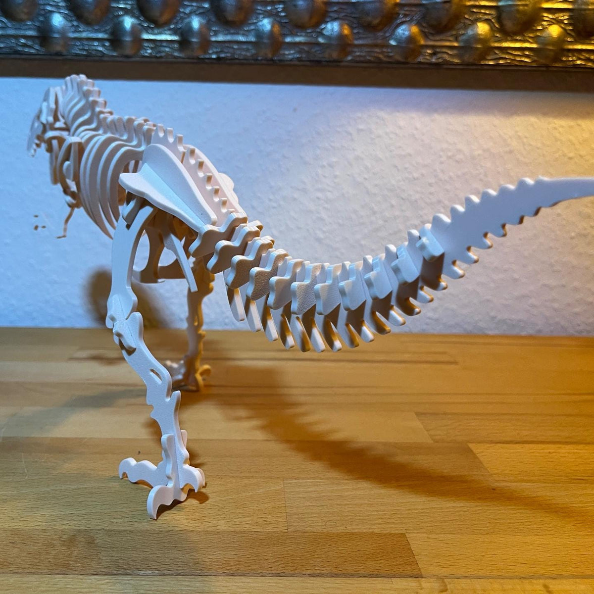 T-Rex skeleton puzzle from the side, built and standing
