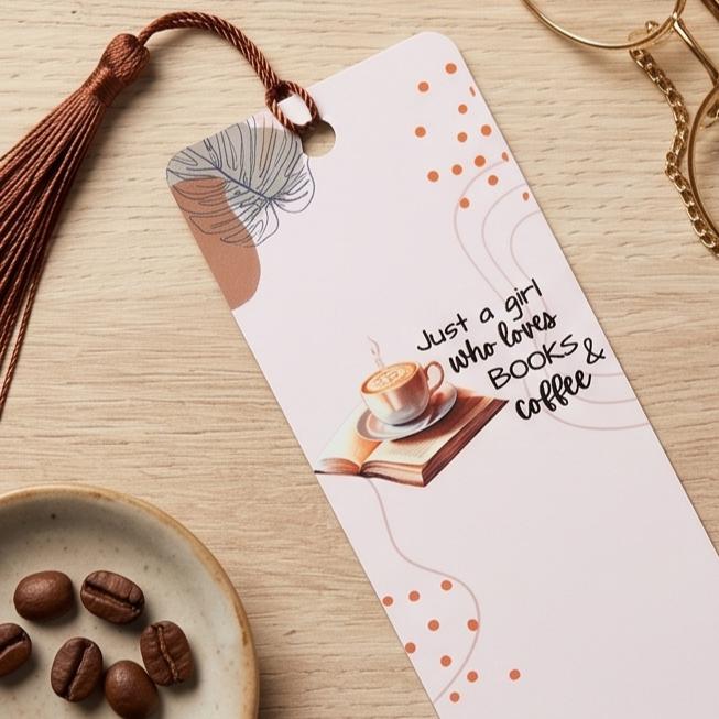 Books and coffee bookmark with coffee beans and gold glasses
