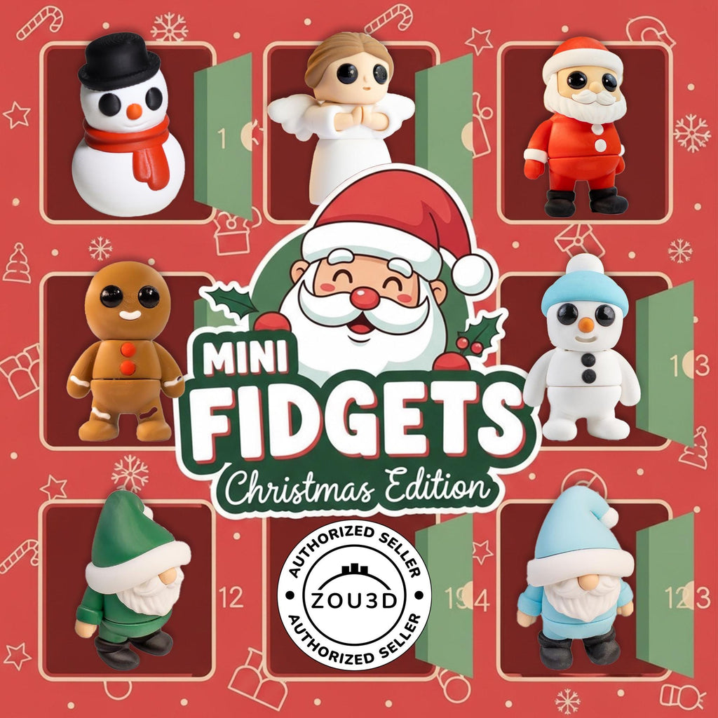 Christmas Mini Fidgets in an advent-style box: a snowman, an angel, Santa, a gingerbread man and gnomes, Zou3D authorised seller