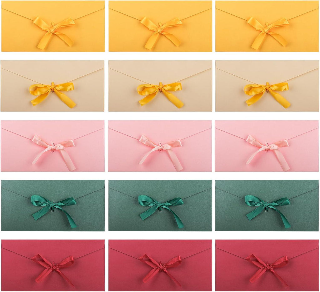 Ribbon envelope colours: yellow, cream, pink, green and red