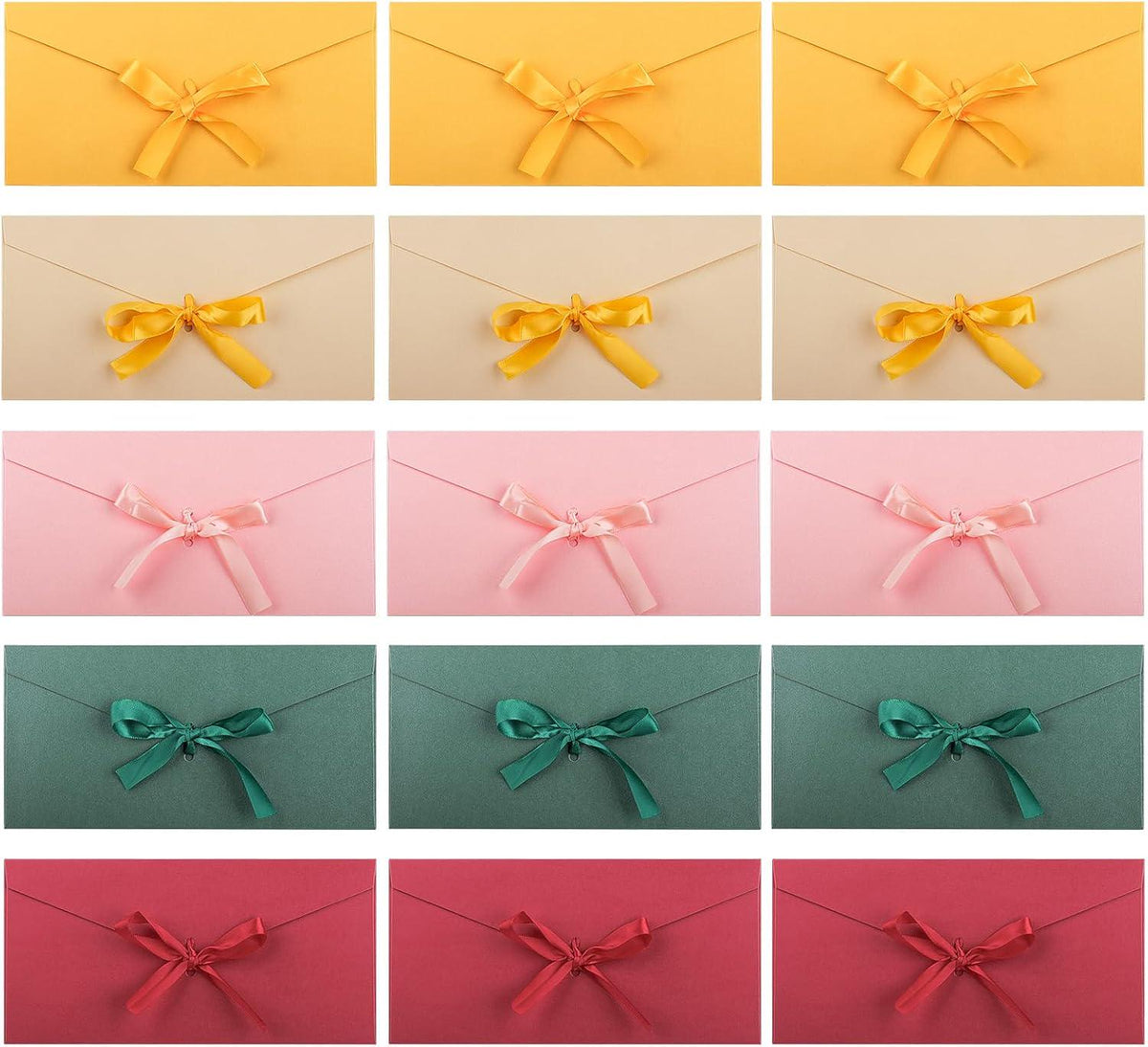 Ribbon envelope colours: yellow, cream, pink, green and red
