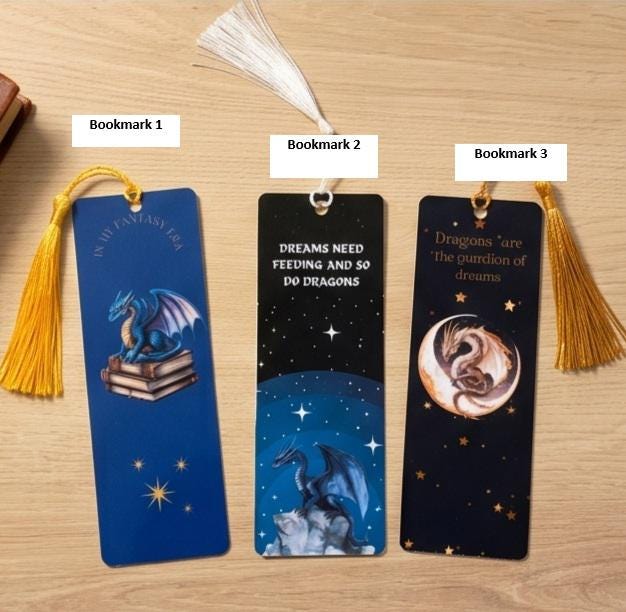 The three dragon bookmarks, labelled Bookmark 1, 2 and 3