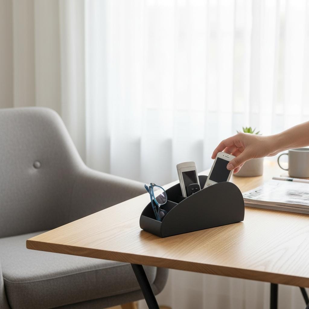 Remote caddy holding phones and glasses on a table