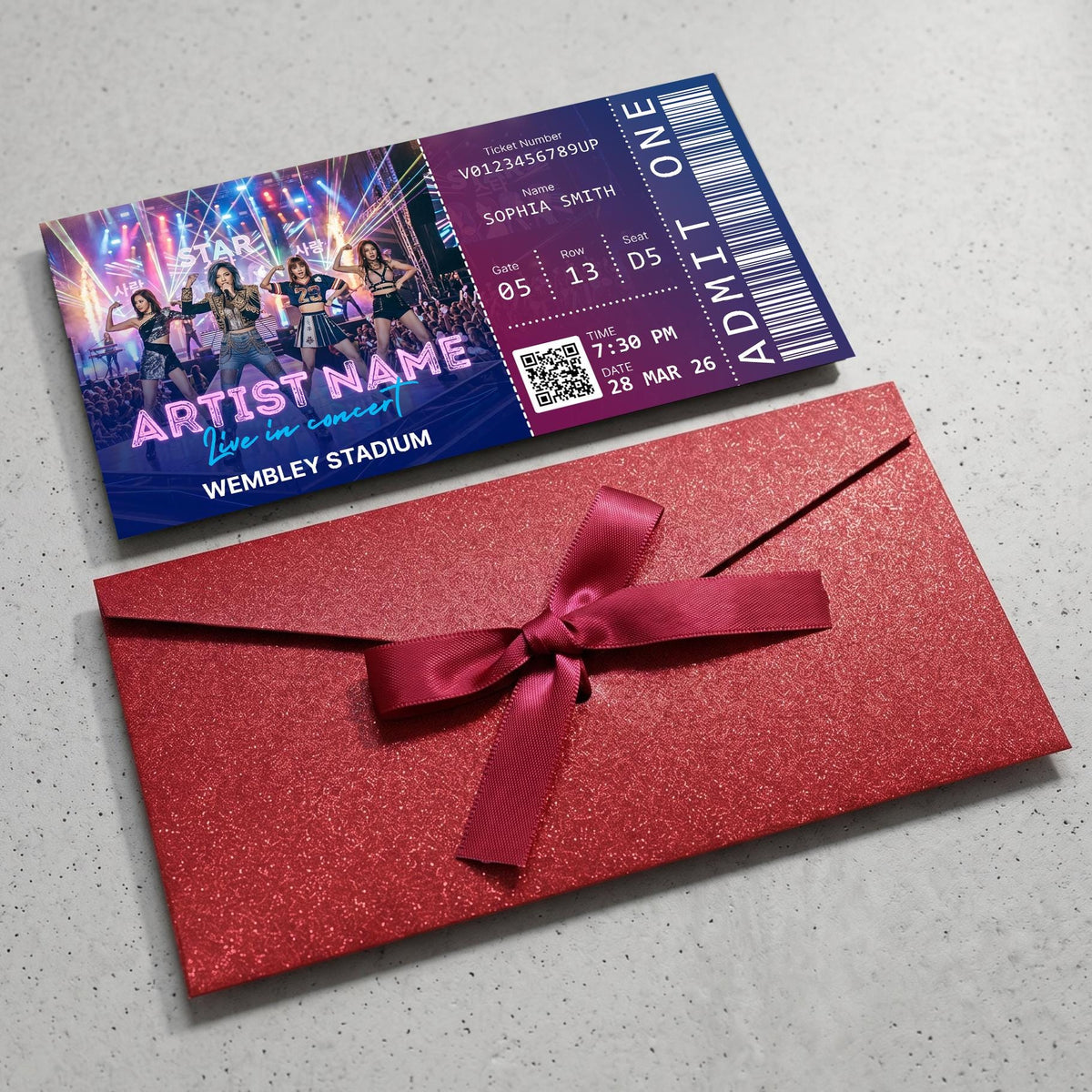Personalised concert ticket with a red ribbon envelope