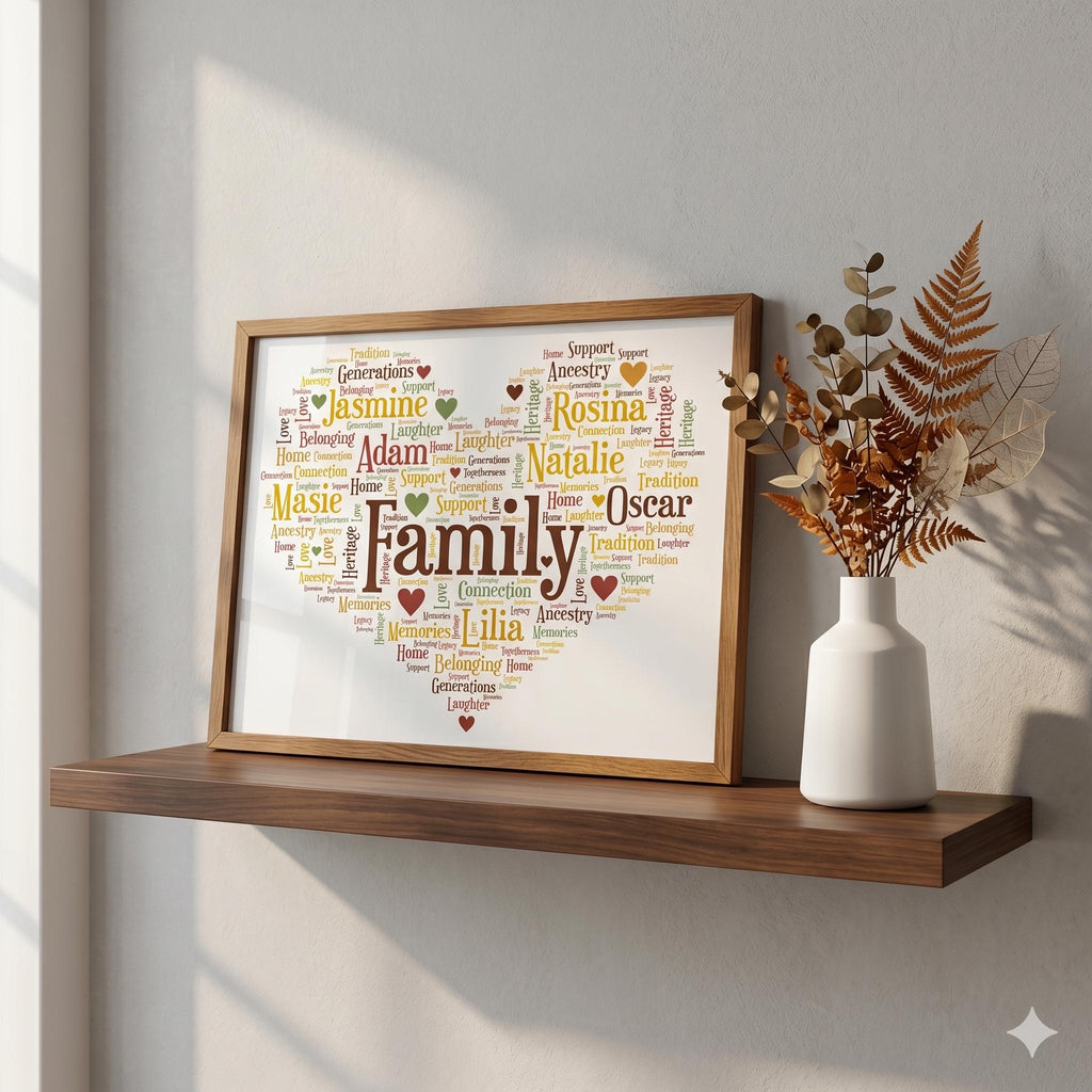 Family heart word art print in warm autumn colours, in a wood frame beside dried leaves