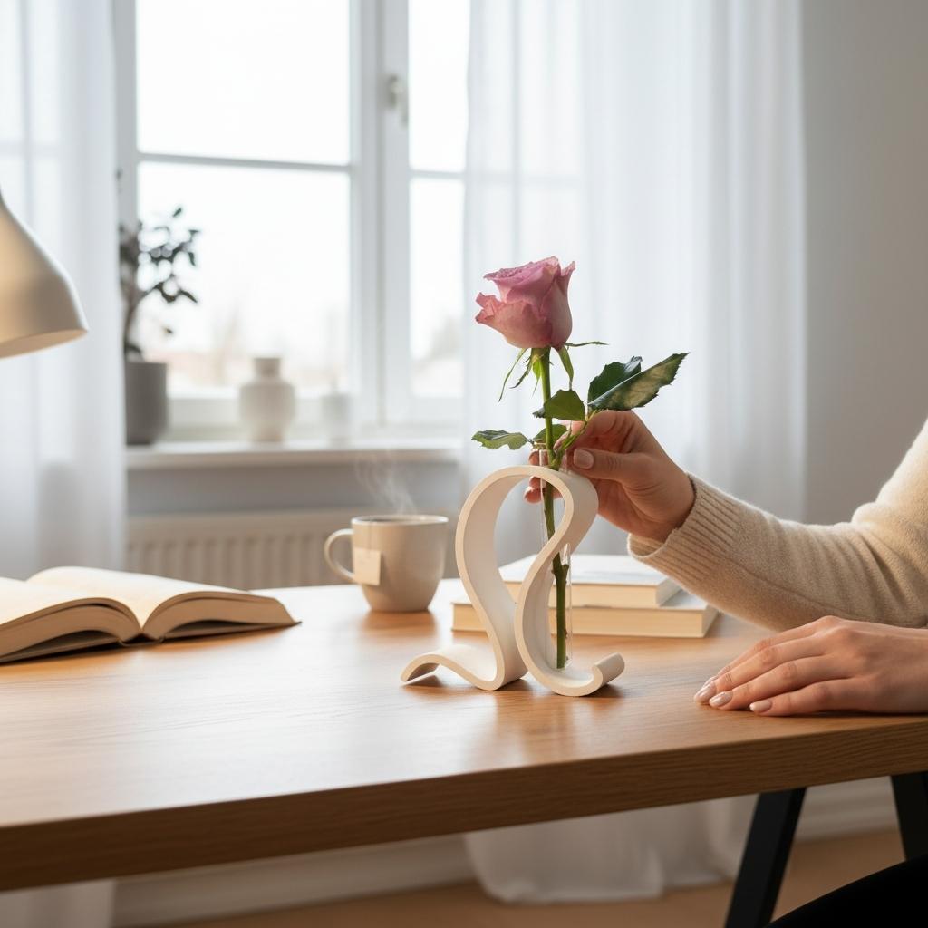 White S-curve vase with a rose beside an open book and a cup of tea