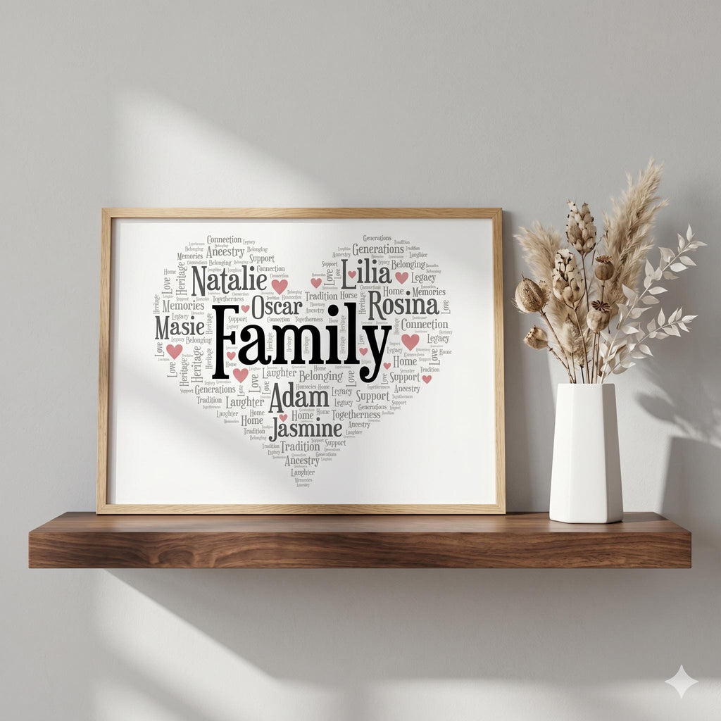 Family heart word art print in a wood frame on a shelf: the names Natalie, Oscar, Rosina, Adam and Jasmine around the word Family