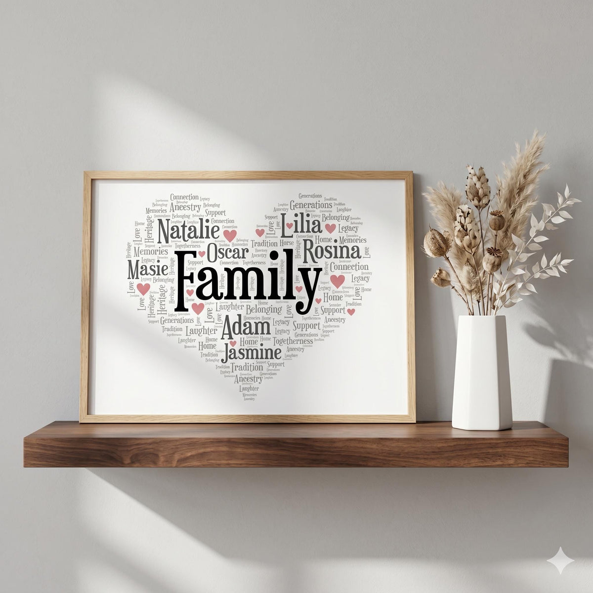 Family heart word art print in a wood frame on a shelf: the names Natalie, Oscar, Rosina, Adam and Jasmine around the word Family