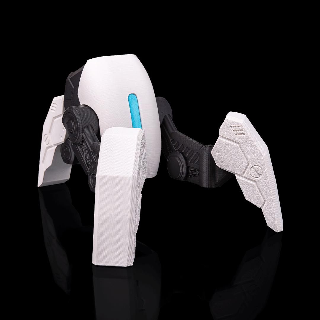 Empty white and black robot spider stand from the side, with a blue light stripe