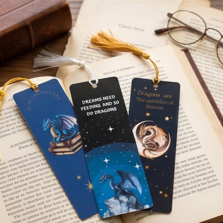 Three dragon bookmarks with tassels on an open book
