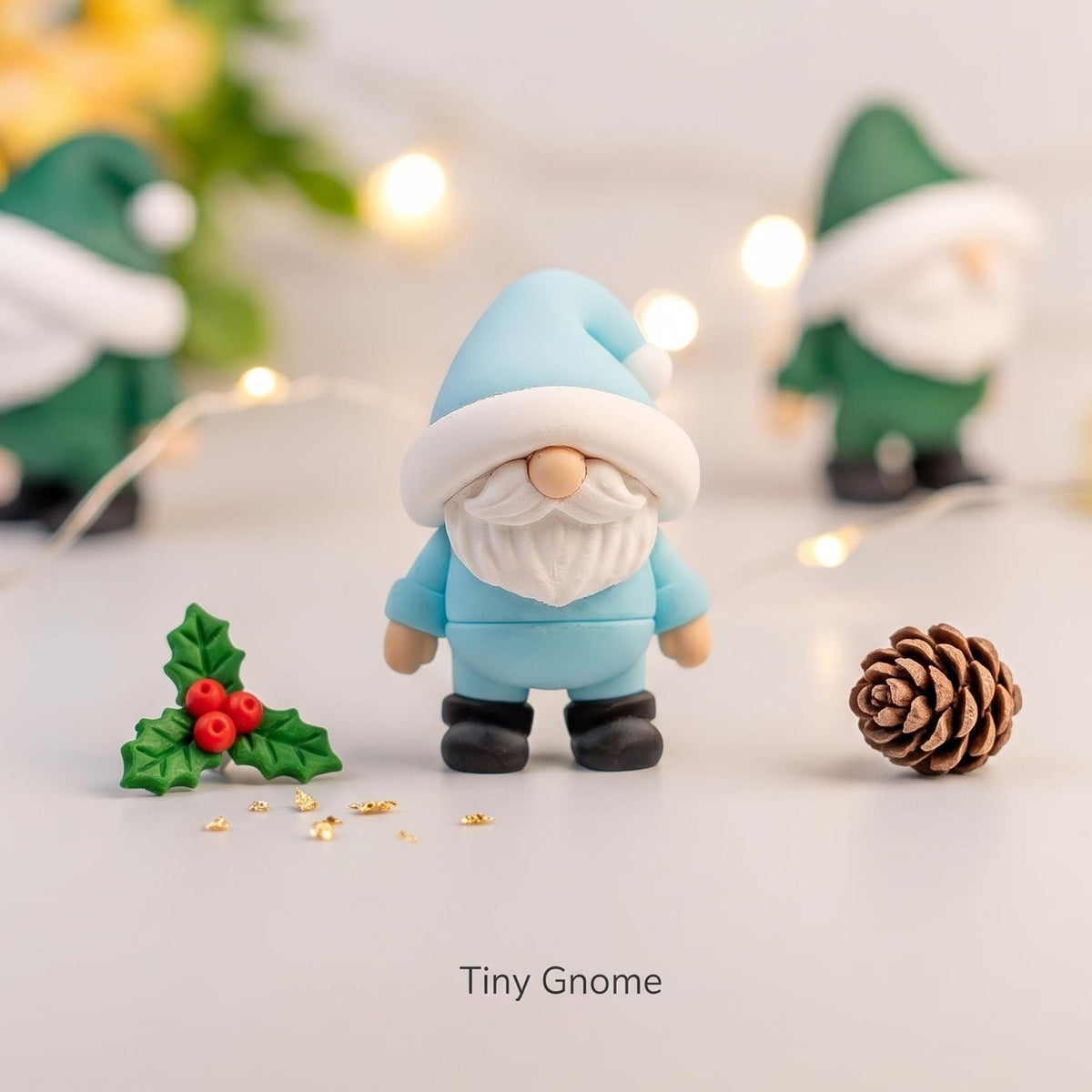 Blue gnome mini fidget, with a green gnome behind it
