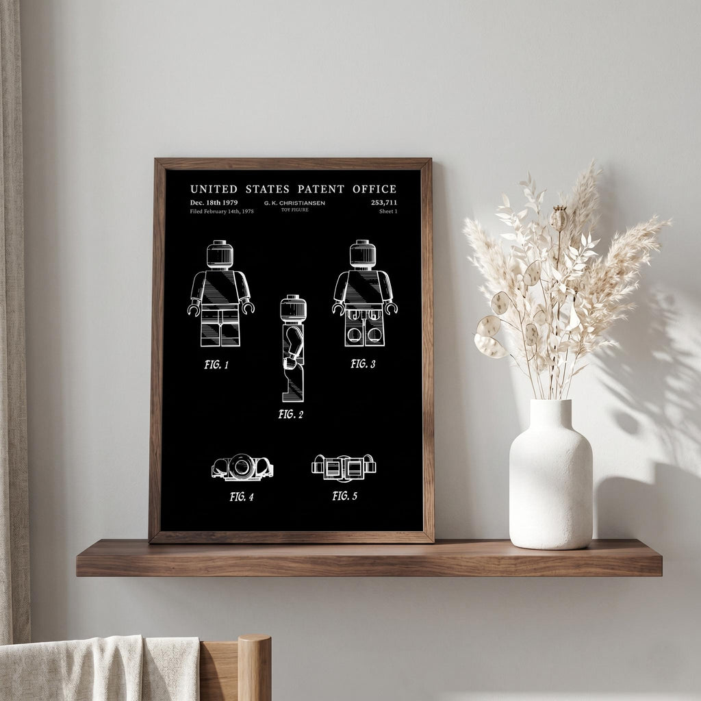Toy figure patent print, sheet 1, in black with white lines, in a dark frame