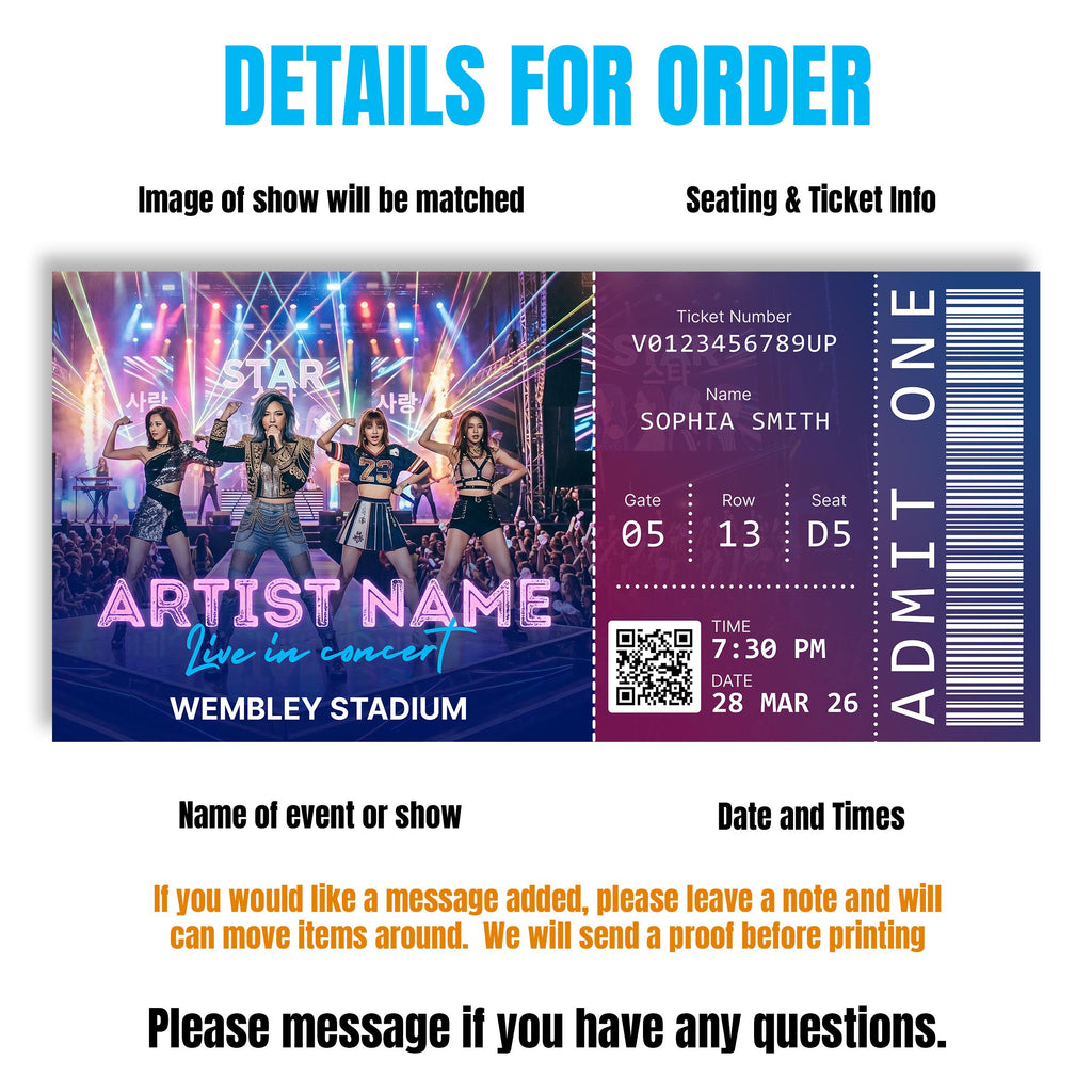What to send for your ticket: the show picture, seat and ticket details, the event name, and the date and time