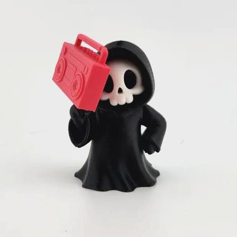 The Boomboxer grim reaper holding a red boombox to its ear
