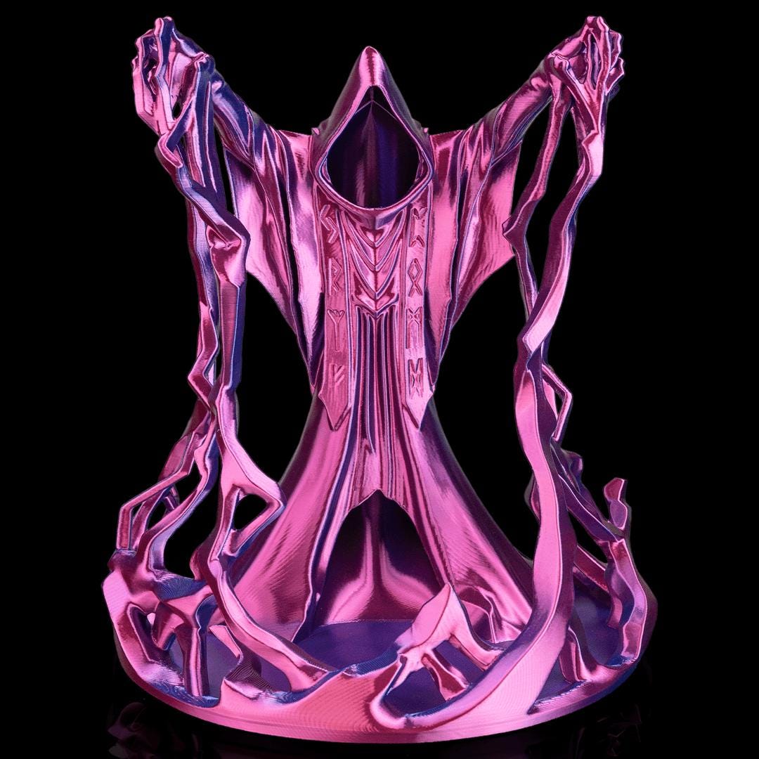 Wizard dice tower in pink from the front