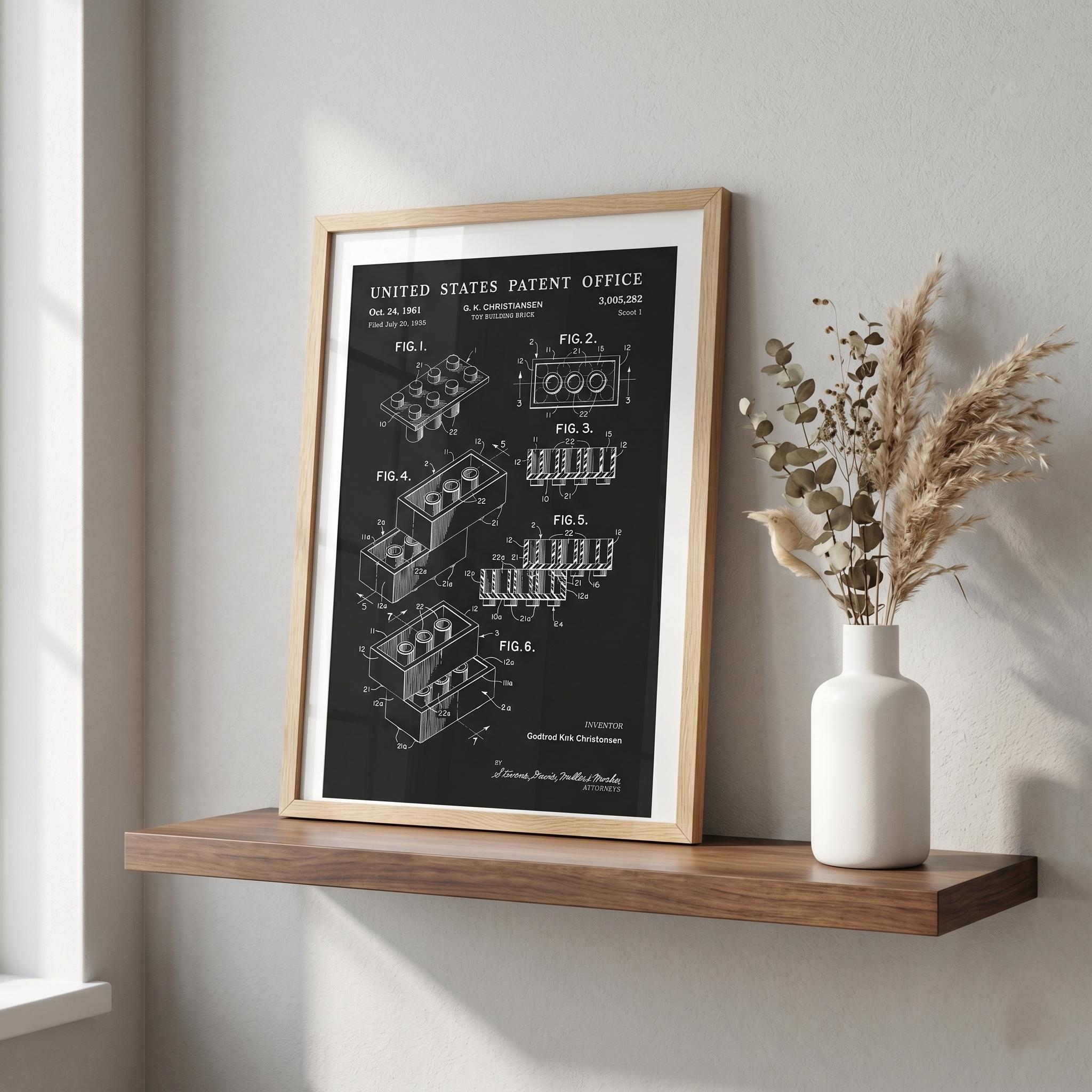 Toy Building Brick Patent Art Print, 1961 Invention Blueprint, AFOL Office Decor