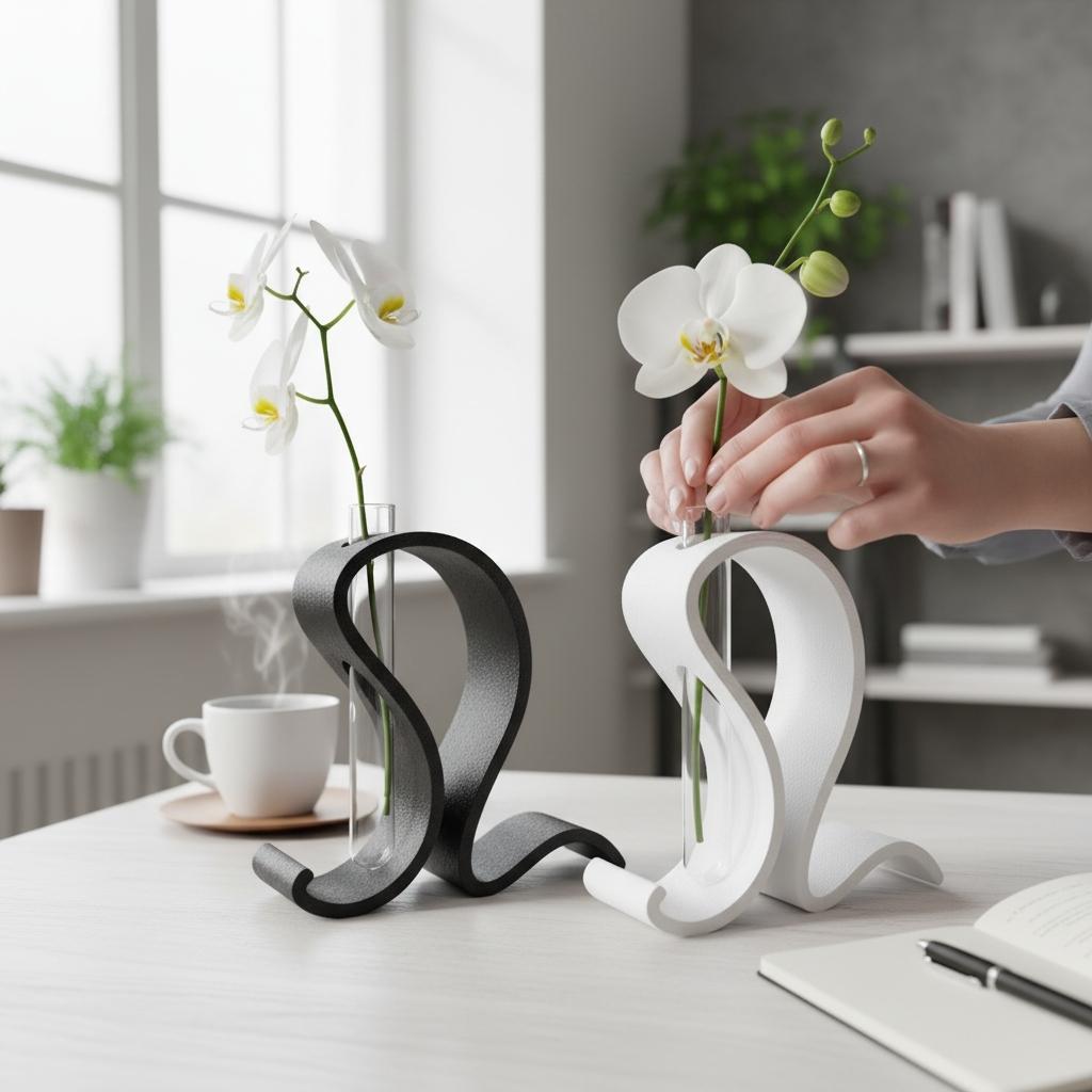 Black and white S-curve vases with white orchids