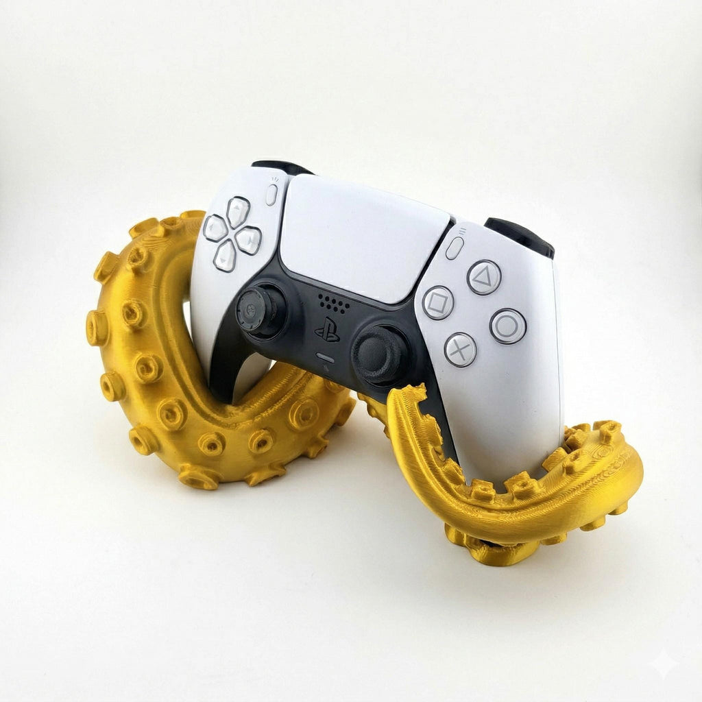 Gold kraken tentacle stand gripping a white PS5 controller