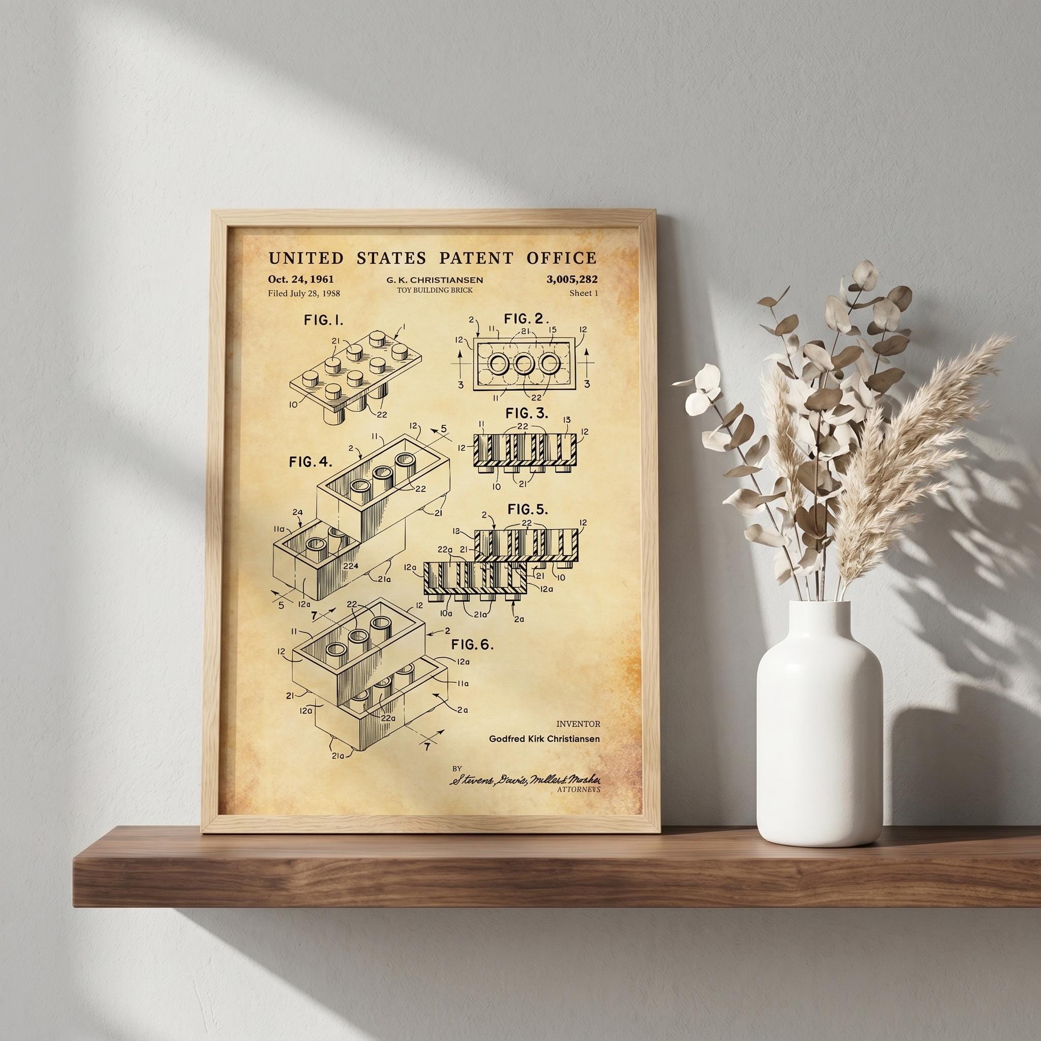 Toy Building Brick Patent Art Print, 1961 Invention Blueprint, AFOL Office Decor