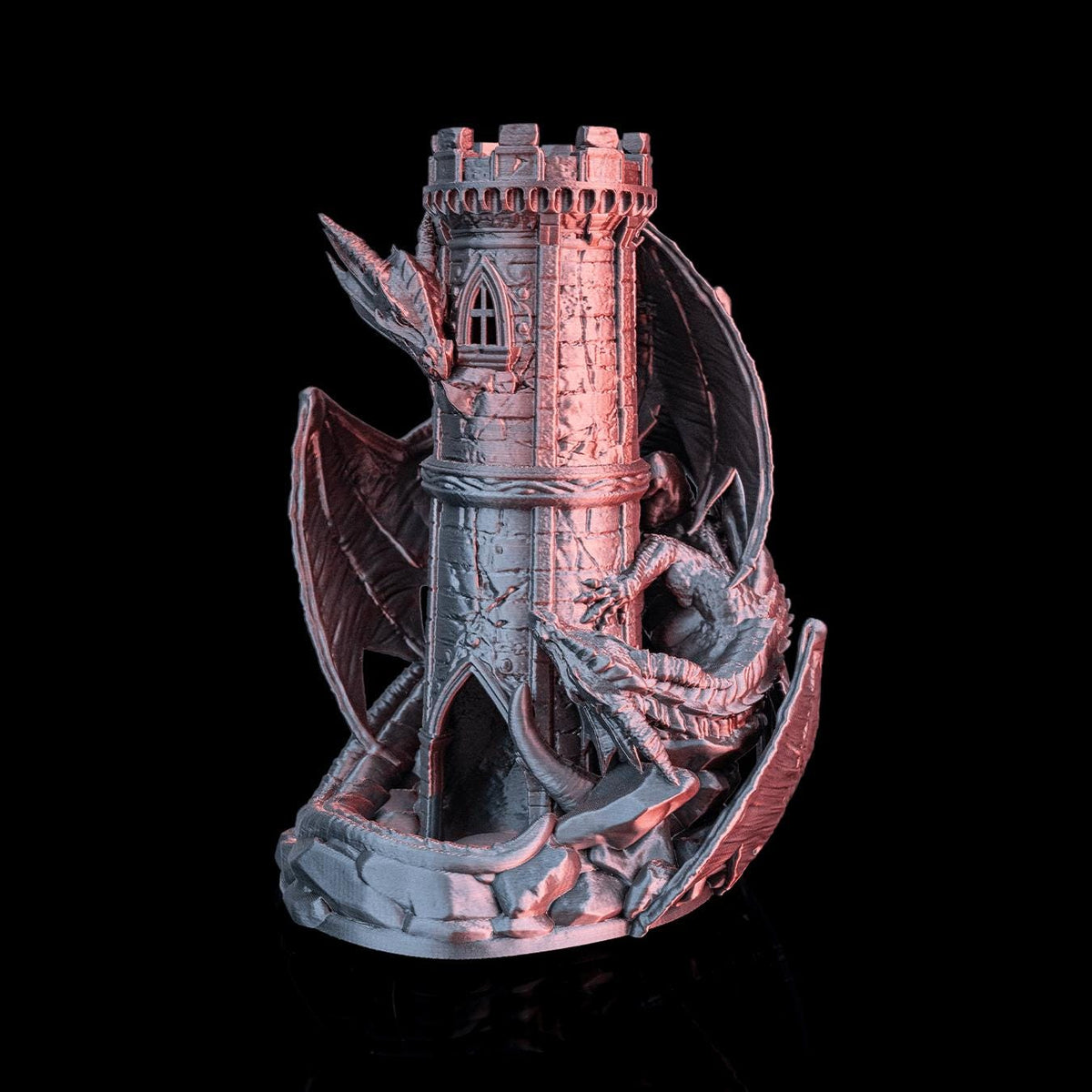 Twin Dragons dice tower in silver and copper silk, from an angle